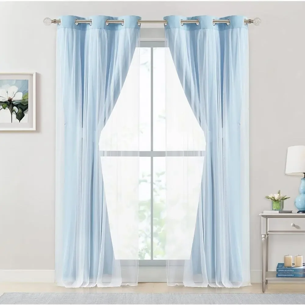 NEW Bujasso Double Layer 80% Blackout Curtains with Sheer Overlay, Sky Blue 84